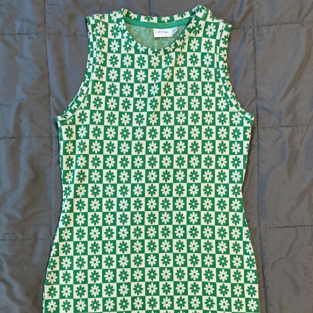 Vila  Retro Sleeveless Mini in White/Green Checkerboard Floral Pattern